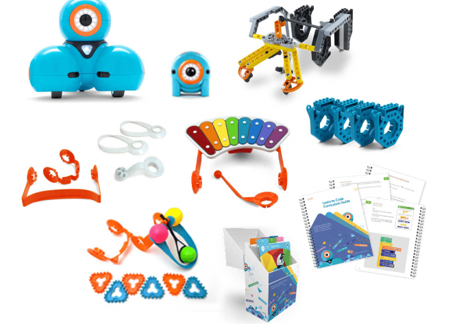 a wonder workshop dash robotics kit with the robot and accessories